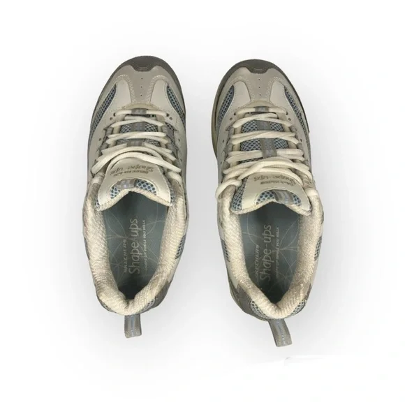 Skechers Shape-Ups Leather Walking Fitness Shoes Silver Blue Off-White Gray - Picture 8 of 13